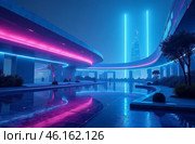 Retrofuturism interior of the building, free space street city. AI Generative. Стоковое AI-изображение, AI-художник Spirit River / Фотобанк Лори