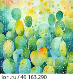 Watercolor painting with cacti, done in the abstract style. The main colors are green, yellow and orange, creating a fresh, warm and sunny image. The round shapes of the cacti, covered with white dots, give the picture lightness and liveliness. The background is blurred, with smooth color transitions and a droplet effect, creating the illusion of dew or light refracting in the air. The painting conveys the atmosphere of nature, warmth and comfort of the desert, but in an unusual, artistic interpretation. Стоковое AI-изображение, AI-художник Анна Кривицкая / Фотобанк Лори