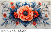 An exquisite floral composition with large scarlet and coral peonies surrounded by deep blue leaves. The painting is made in a decorative style with elements of baroque and modernism, creating a feeling of luxury and sophistication. The background is decorated with delicate curls and gold accents that add elegance and depth. The color scheme is based on the contrast of warm red and cold blue shades, which gives the image dynamics and expressiveness.This drawing can be used as a decorative pattern, wallpaper, fabric print or art painting, emphasizing the aesthetics of sophistication and classic floral style. Стоковое AI-изображение, AI-художник Анна Кривицкая / Фотобанк Лори