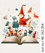 A magical scene where little fairy tale characters, like gnomes, fairies and wizards, emerge from an open book. The central figure is a wise old wizard in a red robe and hat, holding a book in his hands as if reading a magical story. Around him are joyful little creatures in colorful outfits, dancing, laughing and interacting with each other.Birds flutter in the air, and magical sparks and leaves fly around the characters, creating a sense of magic and fantasy. The color scheme is warm and cozy: reds, oranges, greens and creams create a cozy atmosphere, like an illustration for a children's book.The painting conveys a sense of joy, imagination and fairytale, as if bringing the book and its characters to life. Стоковое AI-изображение, AI-художник Анна Кривицкая / Фотобанк Лори