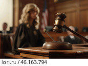 A female attorney presents her case in a bustling courtroom during a high-stakes trial in the justice system. Стоковое AI-изображение, AI-художник Sergey Grishin / Фотобанк Лори