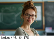 A kind teacher with glasses smiles warmly in a classroom setting during a bright afternoon. Стоковое AI-изображение, AI-художник Sergey Grishin / Фотобанк Лори