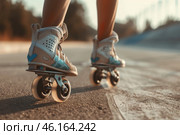 Woman roller skating on smooth pavement during a sunny summer day, enjoying her inline skates in an outdoor setting. Стоковое AI-изображение, AI-художник Sergey Grishin / Фотобанк Лори