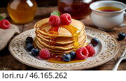 Delicious pancakes with honey, blueberries, raspberries and . The concept of the Russian holiday Maslenitsa. Стоковое AI-изображение, AI-художник Photojuli / Фотобанк Лори