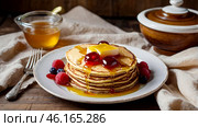 Delicious pancakes with honey, blueberries, raspberries and . The concept of the Russian holiday Maslenitsa. Стоковое AI-изображение, AI-художник Photojuli / Фотобанк Лори