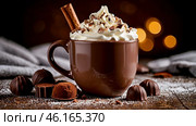 A mug of hot cocoa or coffee with cream and chocolate. A cozy photo in soft, warm brown tones. The concept of taste, harmony and comfort. Стоковое AI-изображение, AI-художник Photojuli / Фотобанк Лори