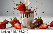 A creative cooking template. A close-up of strawberries with milk and chocolate, a milkshake, a yogurt smoothie with liquid droplets. Стоковое AI-изображение, AI-художник Photojuli / Фотобанк Лори