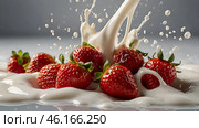 A creative cooking template. A close-up of strawberries with milk and chocolate, a milkshake, a yogurt smoothie with liquid droplets. Стоковое AI-изображение, AI-художник Photojuli / Фотобанк Лори
