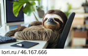 A contented sloth sleeps in an office chair at his workstation in the office in the middle of the workday. Стоковое AI-изображение, AI-художник Александр Довянский / Фотобанк Лори