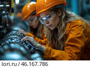 Two female engineers or technicians working at an industrial facility. They are wearing orange protective overalls, hard hats, and safety glasses, which emphasizes their involvement in technical work.The woman in the foreground is carefully checking an engineering piece of equipment or machinery using a tool. The second woman in the background is also busy working, but her image is slightly blurred, which adds depth to the scene.The setting appears high-tech, which could indicate a manufacturing plant, petrochemical industry, or technology facility. The lighting highlights the details of their faces and equipment, creating a professional and purposeful atmosphere. Стоковое AI-изображение, AI-художник Анна Кривицкая / Фотобанк Лори