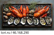 An elegantly presented seafood delicacy set. Three boiled red lobsters, fresh oysters, shells and seaweed are laid out on a metal tray. The lobsters are bright red with shiny shells, their claws and tails are arranged symmetrically. The oysters are open, juicy meat is visible inside. Mussels and other seafood are also located around, complementing the composition. The dark background of the tray favorably emphasizes the rich colors of the seafood. This exquisite dish looks appetizing and is ideal for gourmets and seafood lovers. Стоковое AI-изображение, AI-художник Анна Кривицкая / Фотобанк Лори