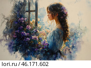 A delicate watercolor painting of a young girl standing by a window, surrounded by flowers. She is dressed in a light blue dress, her long wavy hair is decorated with purple flowers, and her gaze is directed into the distance, through the window. The atmosphere of the painting is filled with soft light, creating an impression of romantic dreaminess. The background is done in muted shades of blue and white, conveying a feeling of lightness and airiness. The painting is reminiscent of classical romantic painting, filled with a poetic mood. Стоковое AI-изображение, AI-художник Анна Кривицкая / Фотобанк Лори