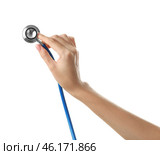 Female hand with medical stethoscope on white background. Стоковое фото, фотограф Pixel_shot / Фотобанк Лори