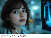 Молодая женщина врач с рентгеновским снимком больного человека. Стоковое AI-изображение, AI-художник Щеголева Ольга / Фотобанк Лори