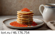 Russian traditions. Russian holiday Maslenitsa. Still life with a pile of pancakes and red caviar on a light beige background. Стоковое AI-изображение, AI-художник Photojuli / Фотобанк Лори