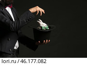Magician holding hat with rabbit on dark background. Стоковое фото, фотограф Pixel_shot / Фотобанк Лори
