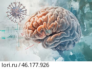 An artistic rendering of the brain that appears as a biological structure with elements of scientific and abstract aesthetics. The brain is depicted with a texture reminiscent of disease or injury, which may symbolize neurological diseases, viral infections, or the impact of external factors on cognitive functions.A virus-like structure hovers next to the brain, reminiscent of a particle of a coronavirus or other pathogen, which may reflect the impact of infectious diseases on the nervous system. In the left corner, there are graphs, medical data, and tests, emphasizing the scientific theme of the image. The background is done in muted blue-blue tones with accents of orange and red, creating a sense of sterility and a medical environment.The image can be interpreted as a metaphor for modern medical progress, neuroscience, or the human fight against viral threats. Стоковое AI-изображение, AI-художник Анна Кривицкая / Фотобанк Лори