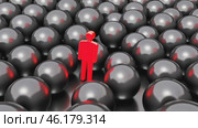 Red person stands in front of a bunch of black balls. Стоковое AI-видео, аниматор Sergey Grishin / Фотобанк Лори