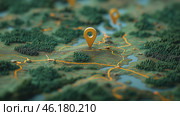 An interactive travel map, custom routes, markers with information, 3D models. Стоковое AI-изображение, AI-художник Katsiaryna Repich / Фотобанк Лори