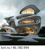 A futuristic house with organic forms reminiscent of smooth curves and waves. The building is made in white, with transparent glass walls that create an effect of lightness and transparency. The exterior of the house resembles the work of a modern architect using the principles of biomimetics, where forms are inspired by natural elements. The space around the house is surrounded by greenery and a pond, which emphasizes the harmony of architecture with nature. This building looks like a work of art with smooth and non-standard lines. Стоковое AI-изображение, AI-художник Анна Кривицкая / Фотобанк Лори