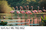 Flamingos wade gracefully in a tranquil lagoon surrounded by lush greenery at golden hour. Стоковое AI-изображение, AI-художник Сергей Толмачёв / Фотобанк Лори