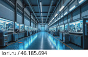 Large industrial building with a blue floor and blue lights. Стоковое AI-видео, аниматор Sergey Grishin / Фотобанк Лори