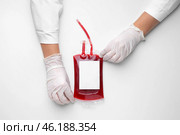 Hands of doctor with blood pack for transfusion on white background. Стоковое фото, фотограф Pixel_shot / Фотобанк Лори