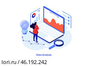 Analyzing statistical information represented by charts vector isometric illustration. Стоковая иллюстрация, иллюстратор Андрей Красовицкий / Фотобанк Лори