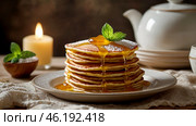 Delicious pancakes with honey and mint leaves on a stylish plate in a beige kitchen. The concept of the Russian holiday Maslenitsa. Стоковое AI-изображение, AI-художник Photojuli / Фотобанк Лори
