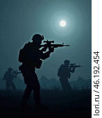 Silhouettes of military soldiers maneuver through thick fog, preparing for an active confrontation. Atmosphere is tense as the sun begins to rise. The military goes on the night attack. Generative AI. Стоковое AI-изображение, AI-художник Юлия Петровская / Фотобанк Лори