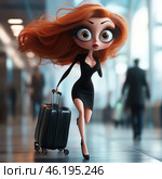 A stylish cartoon girl with exaggeratedly large eyes and long red hair fluttering in motion. She is dressed in an elegant black dress with a deep neckline and a high slit, complementing the image with high-heeled shoes. In one hand she holds a travel suitcase, and the other arm is bent in a dynamic pose, conveying a sense of haste. The background is blurred, creating the effect of a modern airport or train station, where you can see the silhouettes of people passing by. The style of the image resembles a combination of realism and cartoon stylization, adding comicality and expressiveness. Стоковое AI-изображение, AI-художник Анна Кривицкая / Фотобанк Лори