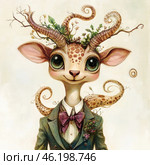 A charming fantasy creature that resembles a mixture of a giraffe, an antelope and a mythical creature. It has large expressive eyes, a friendly smile, long ears and curved branched horns, decorated with green plants and flowers. The creature also has tails that resemble curls, which gives it an even more magical look. It is dressed in an elegant suit with a bow tie and a vest, and in the breast pocket of the jacket you can see a miniature flower bouquet. The background is light, minimalistic, which emphasizes the quirkiness and originality of the character. Стоковое AI-изображение, AI-художник Анна Кривицкая / Фотобанк Лори