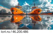 Boats reflect in puddles at a busy harbor during a sunny day with clouds. Стоковое AI-изображение, AI-художник Александр Довянский / Фотобанк Лори