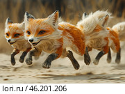 Three fantastic foxes running on a sandy surface. Their fur has a rich orange-white hue with contrasting dark paws and ears. The foxes have bizarre facial expressions with a predatory smile, which gives them a slightly mystical and even demonic look. The dynamics of the movement are emphasized by the swirling sand, and the blurred background creates a sense of speed. The overall atmosphere of the image is mysterious, reminiscent of a fantasy world. Стоковое AI-изображение, AI-художник Анна Кривицкая / Фотобанк Лори