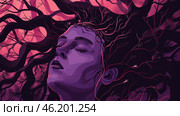 illustration, Purple Day, Epilepsy awareness day, silhouette of a girl with long hair, vintage postcard. Стоковое AI-изображение, AI-художник Светлана Леуто / Фотобанк Лори
