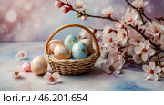 The concept of a bright Easter holiday. Delicate Easter eggs and cherry blossom branches on a pastel watercolor background with delicate streaks. Стоковое AI-изображение, AI-художник Photojuli / Фотобанк Лори