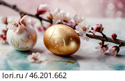 The concept of a bright Easter holiday. Delicate Easter eggs and cherry blossom branches on a pastel watercolor background with delicate streaks. Стоковое AI-изображение, AI-художник Photojuli / Фотобанк Лори