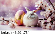 The concept of a bright Easter holiday. Delicate Easter eggs, a white rabbit and cherry blossom branches on a pastel watercolor background with delicate streaks. Стоковое AI-изображение, AI-художник Photojuli / Фотобанк Лори