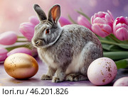 The concept of a bright Easter holiday. Delicate Easter eggs, a gray rabbit and tulip flowers on a pastel watercolor background with delicate veins. Стоковое AI-изображение, AI-художник Photojuli / Фотобанк Лори