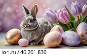 The concept of a bright Easter holiday. Delicate Easter eggs, a gray rabbit and tulip flowers on a pastel watercolor background with delicate veins. Стоковое AI-изображение, AI-художник Photojuli / Фотобанк Лори