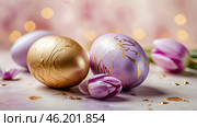The concept of a bright Easter holiday. Delicate Easter eggs in pink, gold and purple tones and tulip flowers on a pastel watercolor background with delicate veins. Стоковое AI-изображение, AI-художник Photojuli / Фотобанк Лори