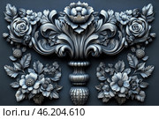 A three-dimensional decorative composition in the Baroque or Rococo style. The carved image is made in metallic, silver-gray color and contains rich floral patterns, curved lines and details reminiscent of wood carving or metal bas-relief. The central element of the composition is a flower similar to a peony or rose, surrounded by gracefully curved leaves and additional flowers. The painting gives a sense of luxury, classical craftsmanship and artistic symmetry. Стоковое AI-изображение, AI-художник Анна Кривицкая / Фотобанк Лори