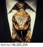 An elegant black suit, a white shirt and a tie that looks like a living snake. The snake's head is positioned at chest level, creating the impression that the snake is crawling out of the clothes. Its golden scales, hypnotic eyes and protruding tongue give the image a threatening and mystical look.The tie and the snake literally merge into one, symbolizing cunning, danger and hidden power. The image conveys the contrast between the formality of the business suit and the wild nature of the snake, creating an effect of illusory surrealism. Стоковое AI-изображение, AI-художник Анна Кривицкая / Фотобанк Лори