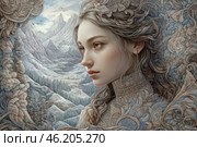 A young girl with a gentle, refined face, immersed in a fantasy, winter world. Her hair is beautifully styled and decorated with intricate patterns reminiscent of a floral ornament. In the background, snow-capped mountains, forests and valleys are visible, creating the impression of a fairy-tale kingdom.The details of the image are executed with high precision, there is a rich texture and complex carving, decorating both the background and the girl's clothes. The image breathes with mystery, mysticism and cold beauty, evoking associations with a winter fairy tale, northern myths and legends. Стоковое AI-изображение, AI-художник Анна Кривицкая / Фотобанк Лори