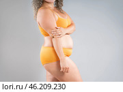 Fat woman in orange underwear on gray background, obesity and cellulite, overweight female body, weight loss concept. Стоковое фото, фотограф Станислав Тарко / Фотобанк Лори