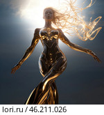 A futuristic, godlike figure of a woman, executed in a golden cybernetic style. Her body is covered in a sleek metallic suit that resembles armor, combining high technology and elements of art. Her hair is made in the form of shining streams of energy, which creates an effect of ephemerality and transcendence. The background emphasizes her divine appearance - the glow behind her resembles a halo or a solar glow. She seems to float in the air, radiating power, grace and grandeur. Стоковое AI-изображение, AI-художник Анна Кривицкая / Фотобанк Лори