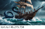 Dramatic sea battle with a dragon-like creature and a pirate ship in stormy waters at dusk. Стоковое AI-изображение, AI-художник Сергей Толмачёв / Фотобанк Лори