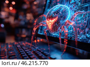 Conceptual image of a digital spider emerging from a computer screen. This spider is made in a cyberpunk style and consists of glowing blue and red digital lines, reminiscent of network structures or data flows. Its menacing appearance symbolizes cyber threats such as viruses, hacker attacks or malware. In the foreground is a keyboard, which enhances the feeling of an intrusion into the computer system. The background is blurred, with subdued lighting, which creates an atmosphere of mystery and technological danger. Стоковое AI-изображение, AI-художник Анна Кривицкая / Фотобанк Лори