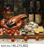 A still life in oil painting style depicting a sumptuous seafood dinner. In the center of the composition is a large red lobster with powerful claws, surrounded by a variety of seafood, including oysters, scallops and clams. Scattered around are bright red tomatoes, fresh herbs and spices. Nearby are lemon halves, adding contrast and freshness to the composition. In the background are two wine bottles with worn labels, which gives the painting a vintage atmosphere. In the corner, an old metal saucepan is visible, creating a sense of coziness and traditional cuisine. The painting conveys warmth, richness of flavors and a festive mood. Стоковое AI-изображение, AI-художник Анна Кривицкая / Фотобанк Лори