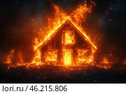 A burning wooden house engulfed in a massive fire. The flames brightly illuminate the night sky, spreading sparks and thick smoke. The fire has completely engulfed the building, pouring out of the windows and doors, and the surrounding area is also partially engulfed in flames. It is dark around, which creates a dramatic contrast between the fire and the darkness. Стоковое AI-изображение, AI-художник Анна Кривицкая / Фотобанк Лори